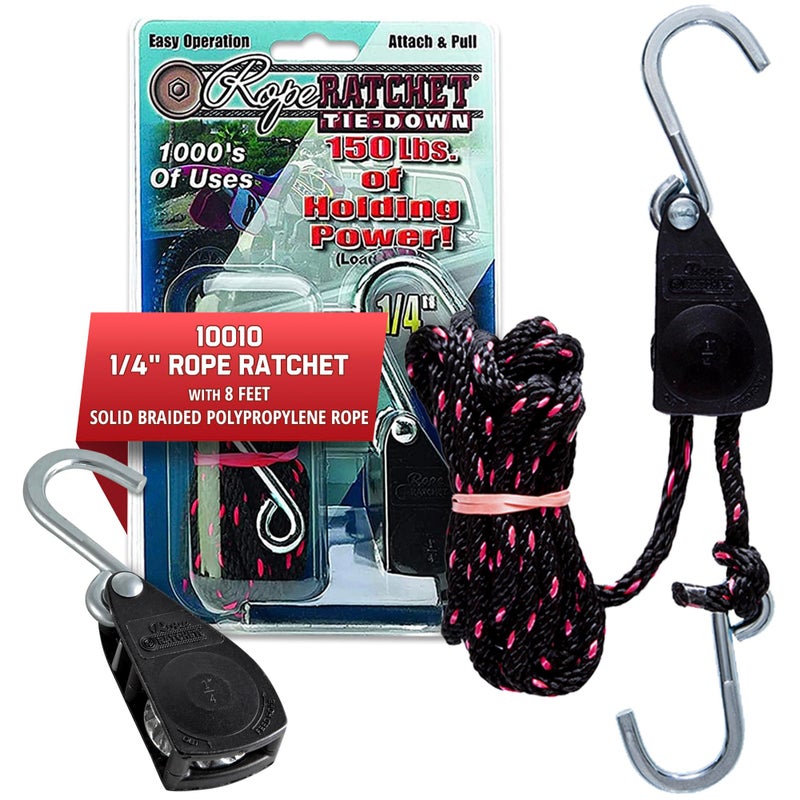Rope Ratchet 1/4" Adjustable Pulley System â€“ 150 lb Capacity Heavy-Duty 8' Braided Polypropylene Rope, Locking Rope Hanger, Grow Lights, Tarp Tie Downs, Kayak Straps, Plant Pulleys, Tent Tie Downs - Image 1